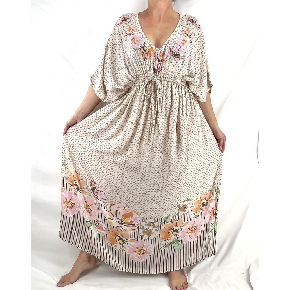World Market Boho Kaftan Dress L Vacation Hippie Resort Flowy Tie Waist Maxi
